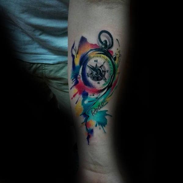 Unique Mens Watercolor Compass Inner Forearm Tattoo