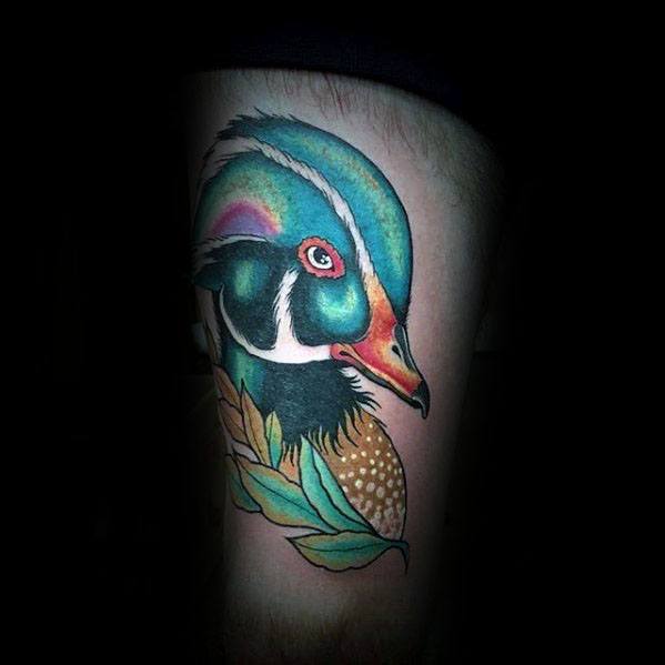 Unique Mens Wood Thigh Duck Tattoos