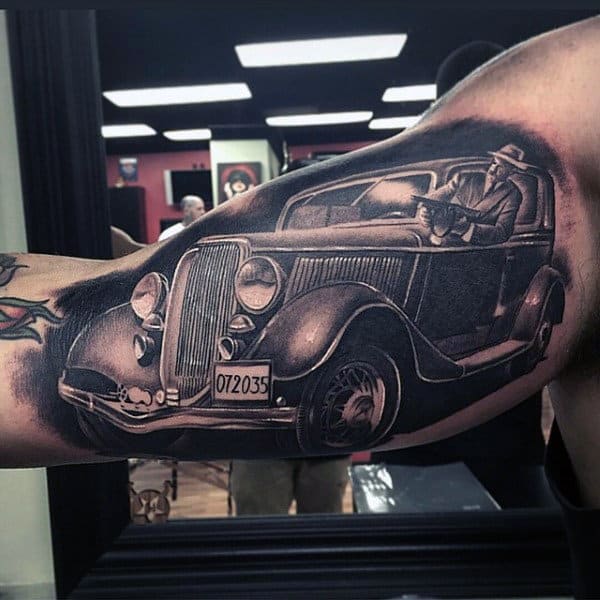 Unique Mobster Realistic Black Ink Mens Vintage Car Bicep Tattoo