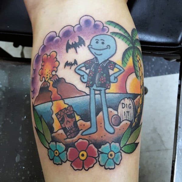 Tattoo of Mr. Meeseeks from Rick and Morty wearing a Hawaiian shirt, standing on a tropical beach with flowers, bats, a volcano, and a 'Dig It!' gravestone.