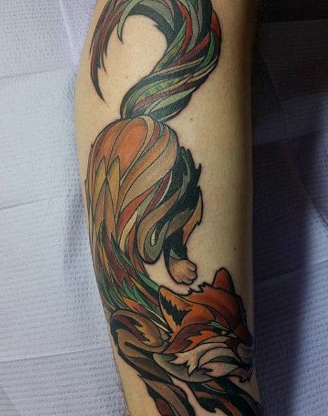 Unique Multicolored Fox Tattoo Male Forearms