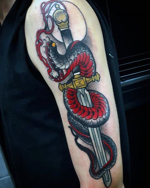 Neo-traditional tattoo of a black and red snake coiled around a detailed sword, featuring bold shading, gold accents, and a dynamic design.
