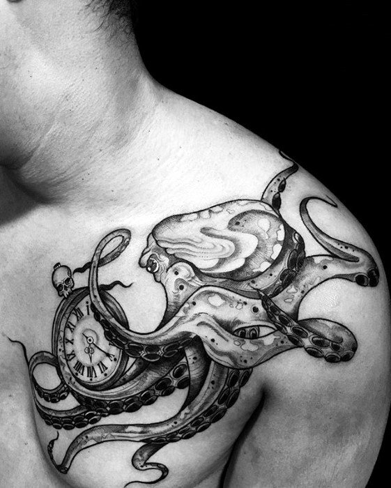 Unique Octopus With Pocket Watch Mens Chest And Shoulder Tattoos