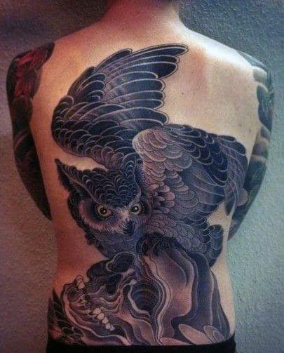 Unique Owl Back With Skull Mens Tattoo Ideas