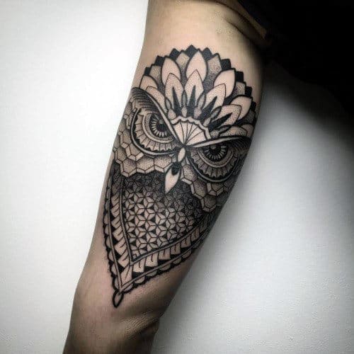 Unique Pattern Guys Geometric Owl Tricep Outer Arm Tattoos