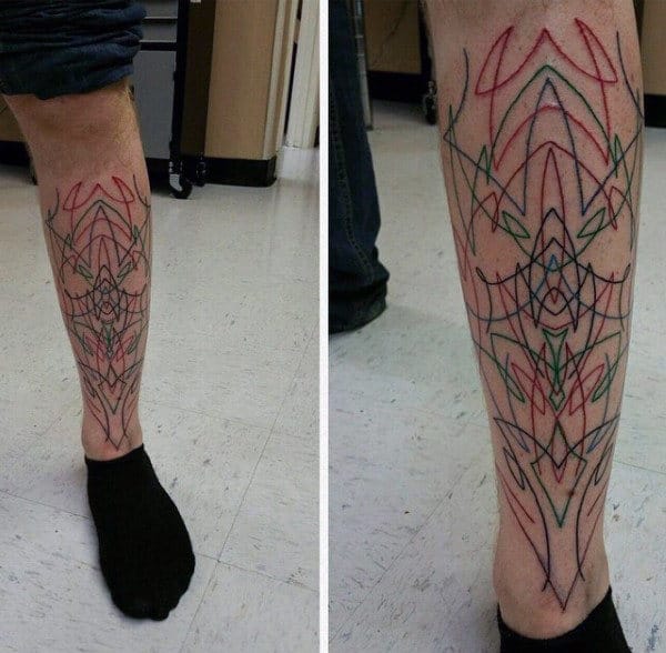 Unique Pinstripe Shin Tattoos For Guys