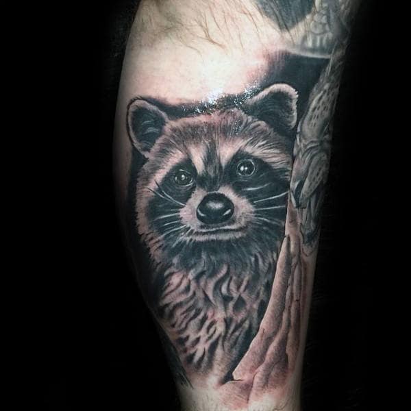 Unique Raccoon Shaded Black And Grey Ink Guys Leg Tattoo Ideas