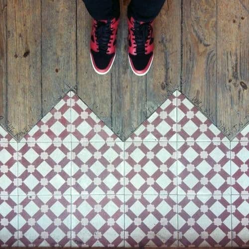 Unique Red And White Pattern Tile To Wood Floor Transition Designs
