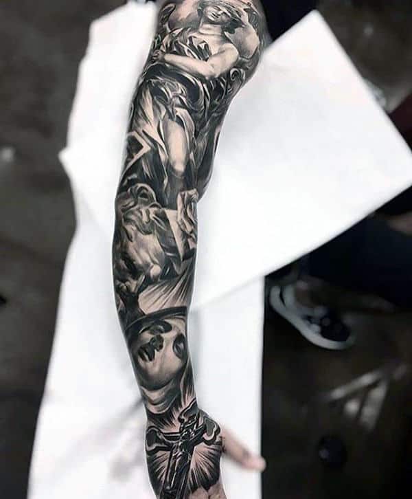 Unique Religious Mens Full Sleeve Tattoo With Cross Design