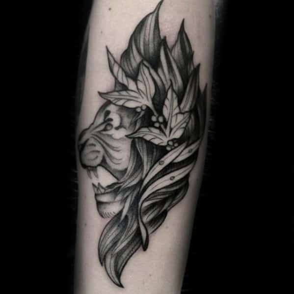 Unique Roaring Lion With Leaves Male Forearm Tattoo