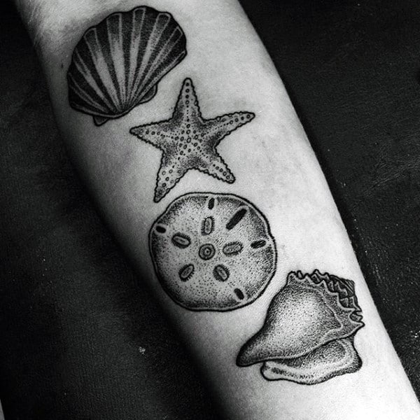 Unique Seashells Dotwork Male Inner Forearm Tattoos
