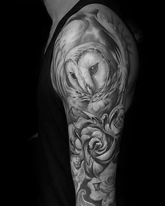 Unique Shaded Black And Grey Barn Owl Sleeve Tattoos For Men