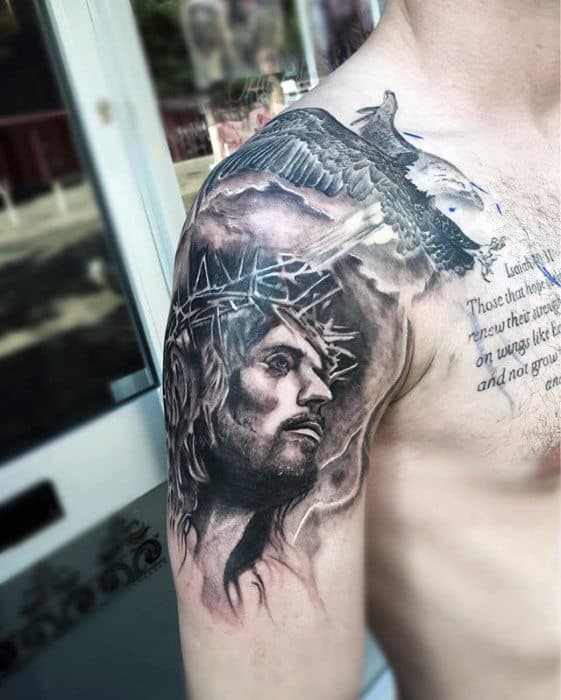 Unique Shaded Black And Grey Ink Jesus Arm Tattoos For Guys