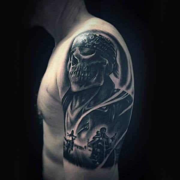 Unique Shaded Black Ink Male Half Sleeve Biker Tatotos