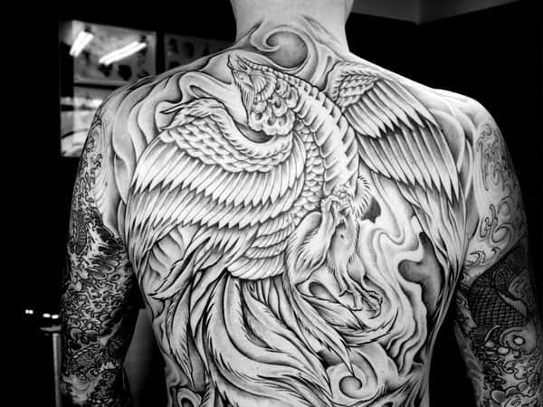 Unique Shaded Phoenix Mens Back Tattoo Ideas
