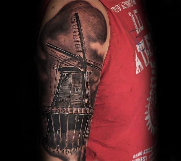 Unique Shaded Windmill Half Sleeve Tattoos For Men