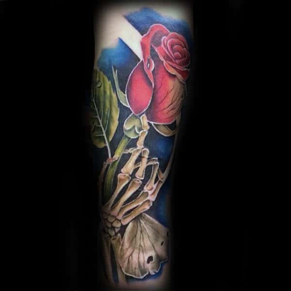 Unique Skeleton Hand Red Rose Flower Male Forearm Sleeve Tattoos