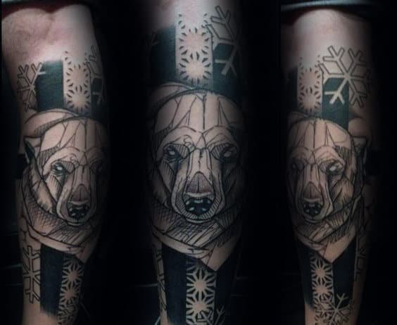 Unique Sketched Polar Bear Snowflake Mens Black Ink Arm Tattoos