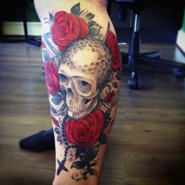 Unique Skull Made Of Golf Ball And Roses Tattoo Guys Calves