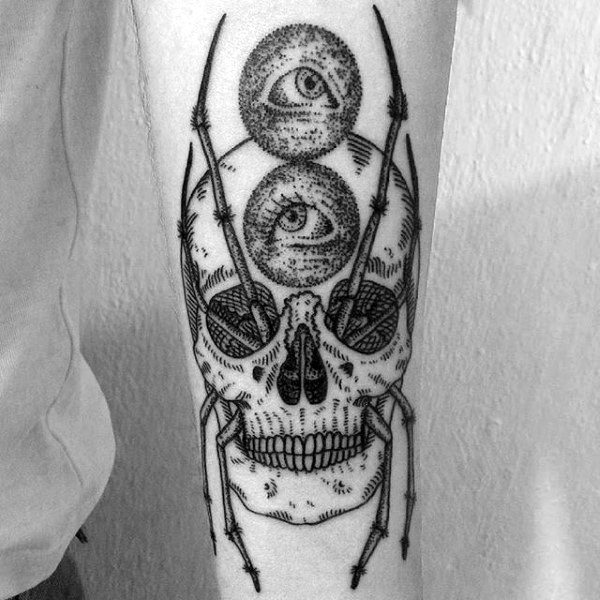 Unique Skull Patterned Spider Tattoo On Forearms For Males