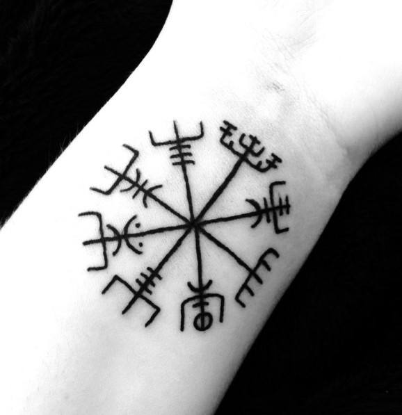 Vegvísir tattoo on the wrist, a Norse compass symbolizing protection, guidance, and the ability to find one’s way through life’s journey.