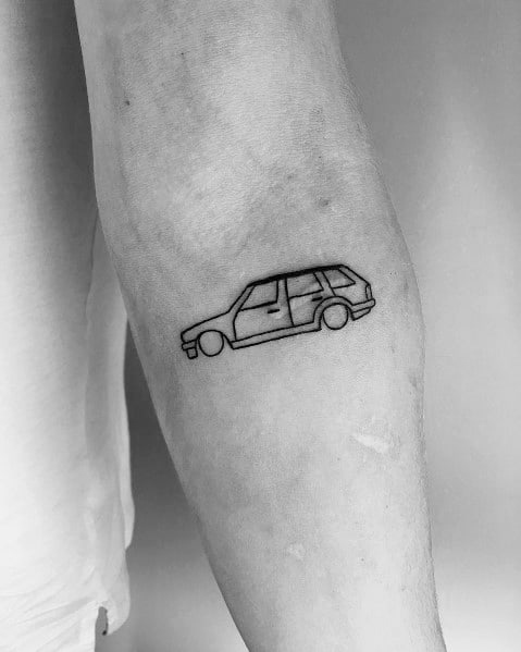 Minimalist BMW outline tattoo on forearm, featuring a classic station wagon design in simple black line work for a sleek look.