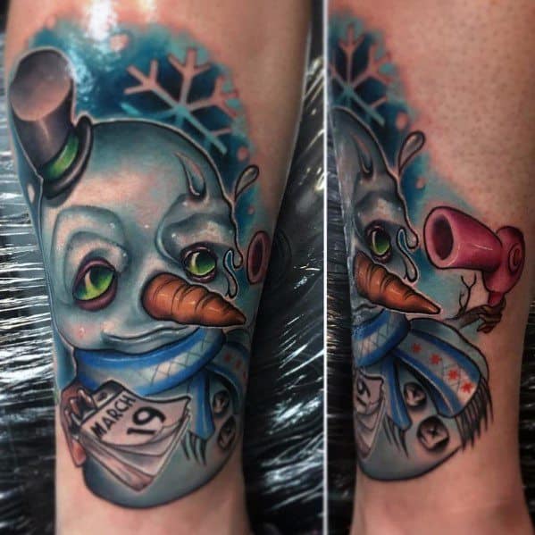 Quirky snowman tattoo with a sly expression, melting details, a top hat, a March 19 calendar, and a hairdryer, blending humor with a surreal winter theme.