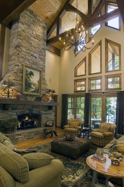 Cozy living room with high ceiling, stacked stone fireplace, and large windows overlooking trees
