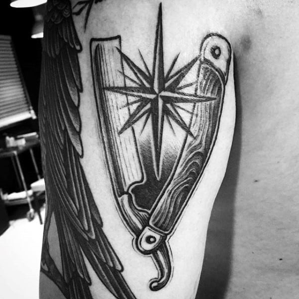 Unique Star And Straight Razor Tattoo