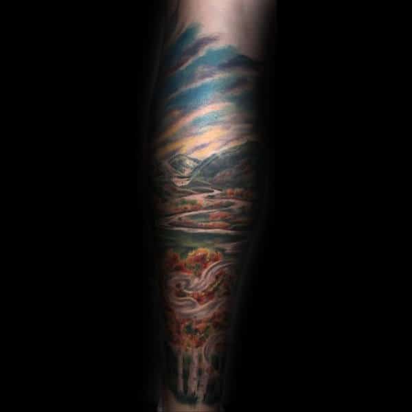 Unique Tattoo Sleeve Of Landscape For Men