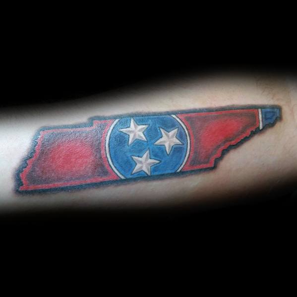 Tennessee state-shaped tattoo with the three-star emblem, featuring bold red and blue shading for a striking and patriotic design.