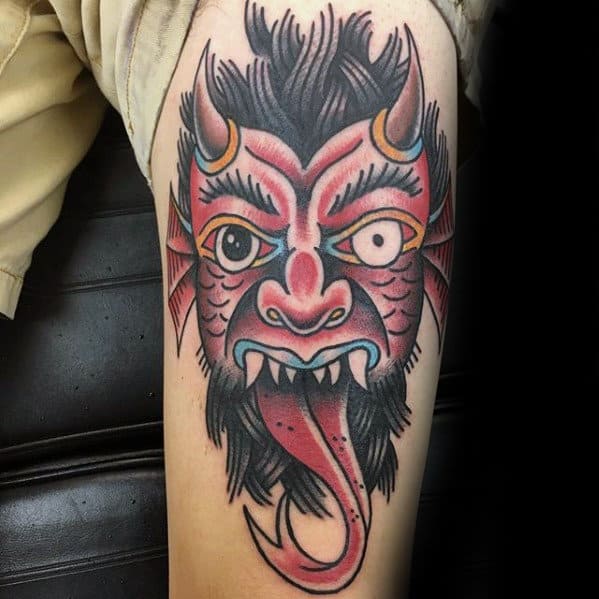 Unique Traditional Devil With Tounge Mens Thigh Tattoos