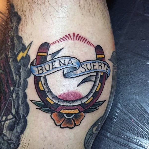 Unique Traditional Horseshoe Mens Leg Calf Tattoo