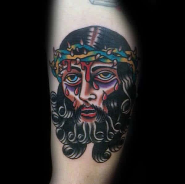 Unique Traditional Jesus Bruised Face Mens Inner Arm Bicep Tattoo