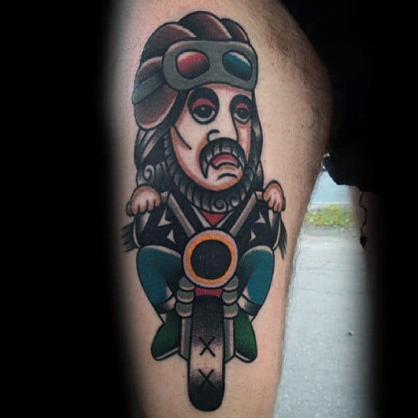 Unique Traditional Jesus Riding Motorcycle Mens Thigh Tattoo