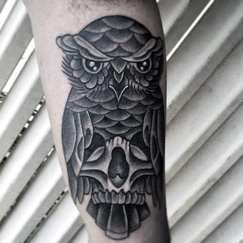 Unique Traditional Owl With Skull Guys Arm Tattoos