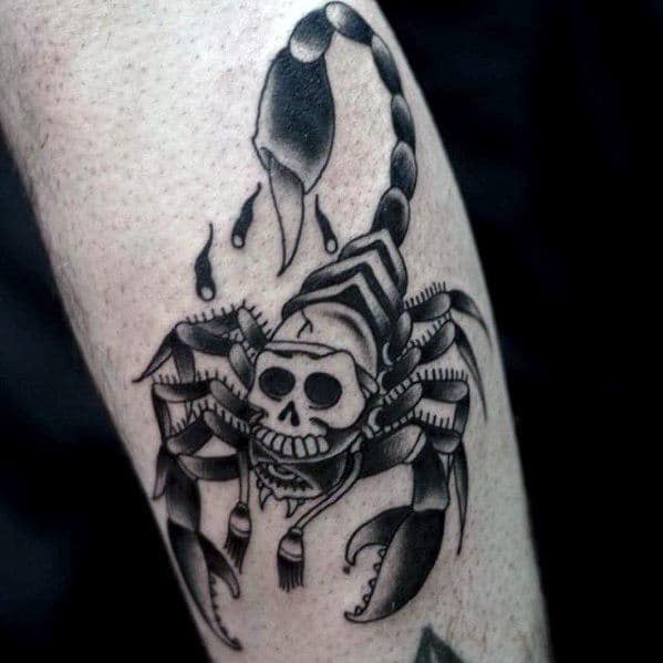 Unique Traditional Scorpion Skull Head Tattoo Designs For Gentlemen