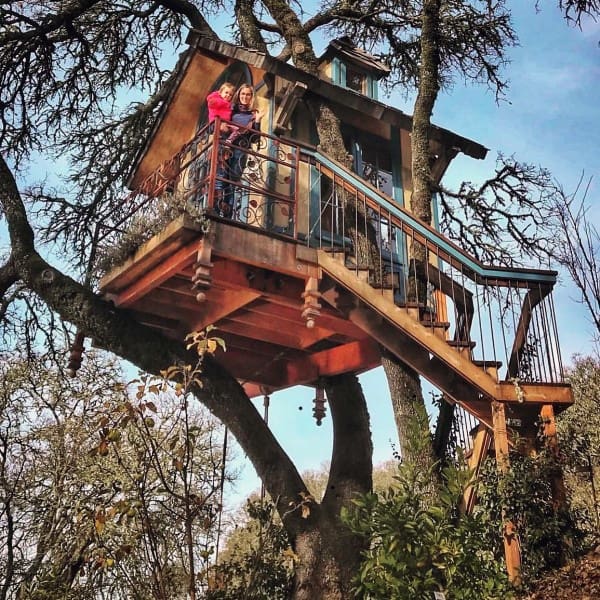 Two people standing on a wooden treehouse balcony surrounded by branches on a sunny day