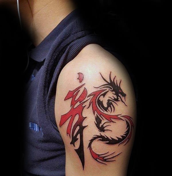 Unique Tribal Chinese Dragon Mens Red And Black Ink Upper Arm Tattoos