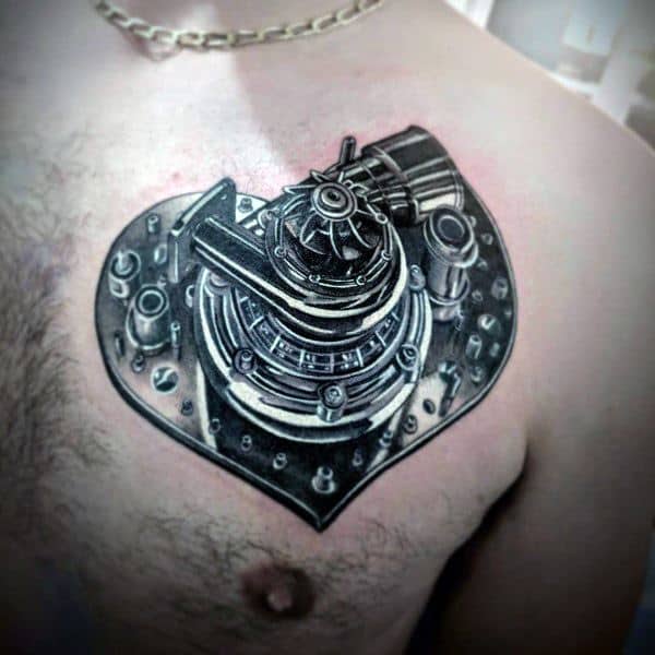 Realistic **mechanical heart** tattoo on the chest featuring intricate **turbocharger and engine components**, symbolizing a passion for speed and automotive power.