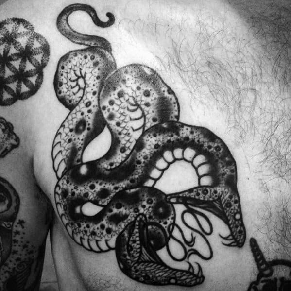 Black and grey two-headed snake tattoo on the chest, featuring bold dot work shading and intricate details for a fierce and dynamic design.
