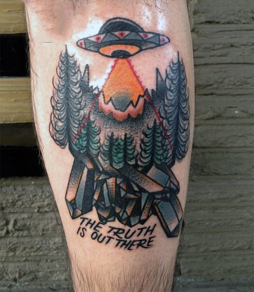 Unique Ufo Over Tall Trees Tattoo Mens Lowe Legs