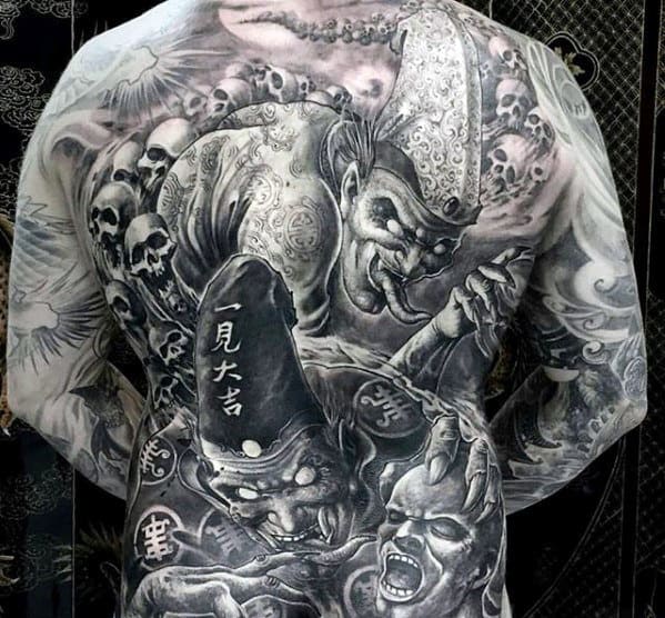 Unique Unbelievable Skull With Demons Guys Full Back Tattoo