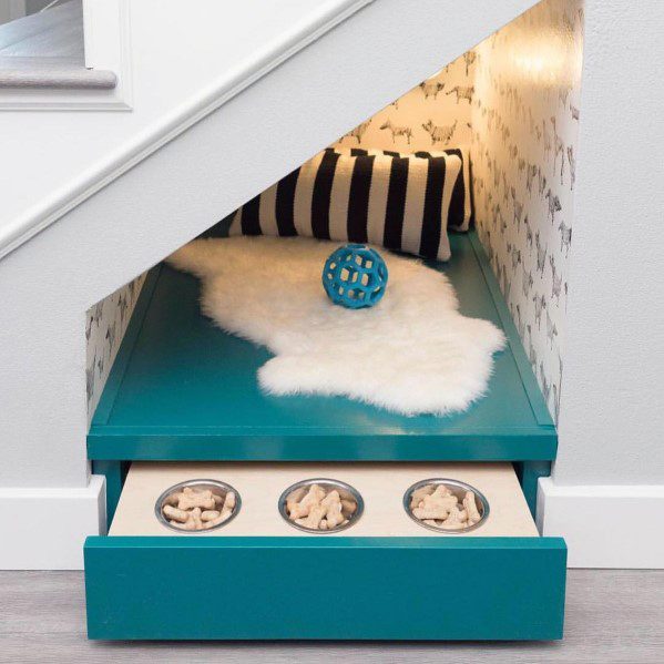 unique under stairs dog bed with pull out food bowls drawer