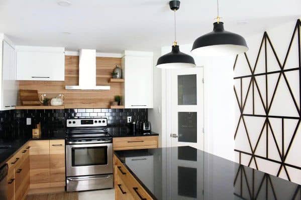 subway tile and wood backsplash