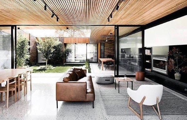 Unique Wood Slat Ceiling Living Room Track Lighting