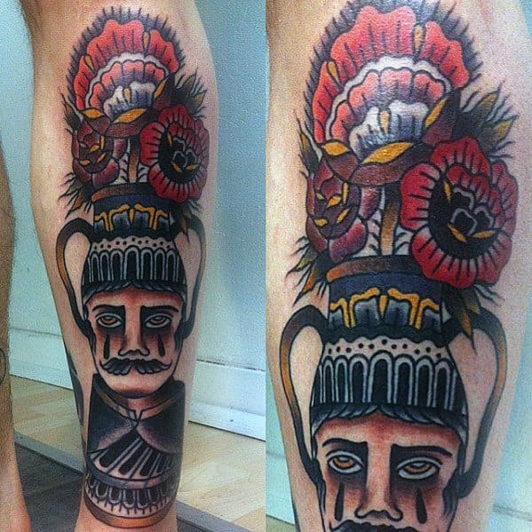 unqiue-mens-traditional-flower-pot-old-school-leg-tattoo