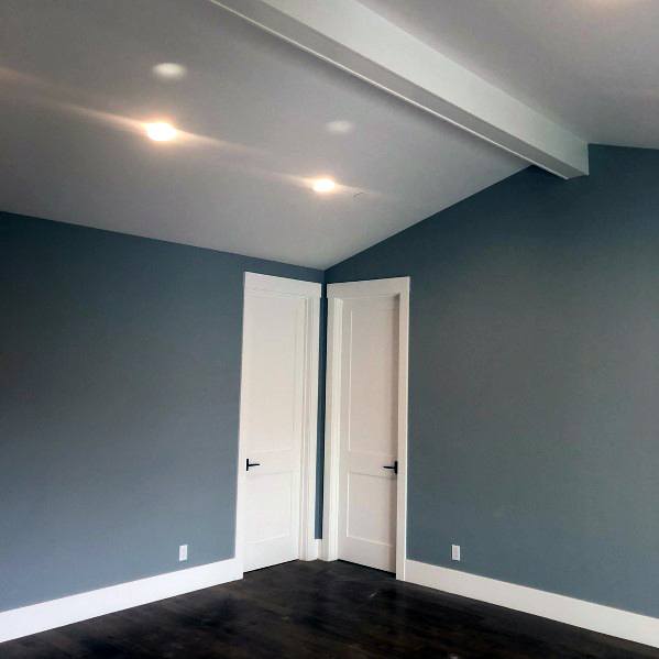 Spacious room with blue walls, white doors, and white baseboard molding on dark wood floors.