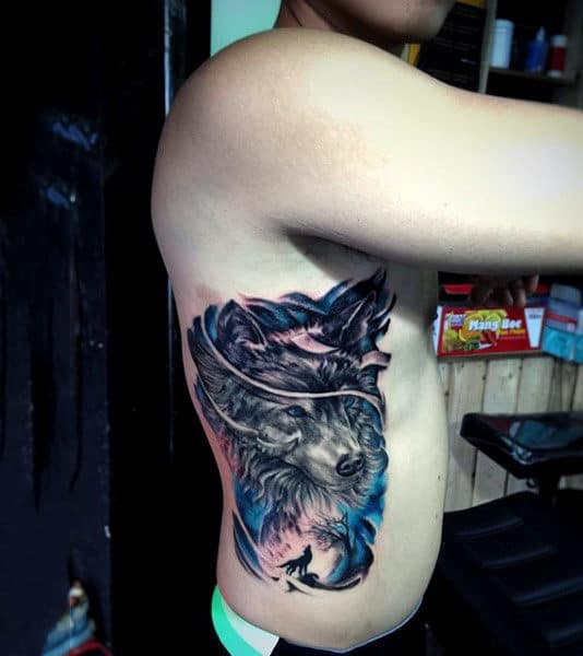 Untamed Beast Watercolor Tattoo On Side Ribs For Men