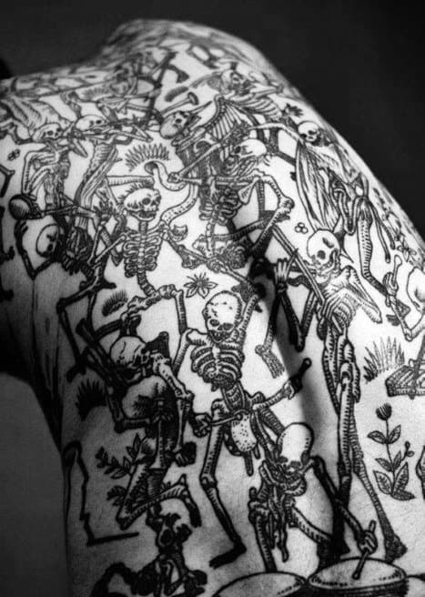 Unusual Mens Dancing Skeletons Full Back Tattoo